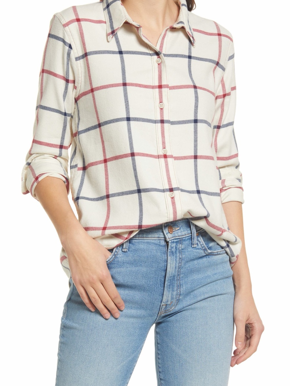 Faherty Classic Stretch Flannel Button Up Shirt Small Cream Red Navy Plaid